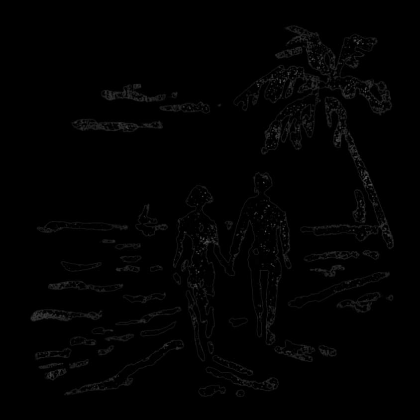 Illustration of a couple walking under palm trees on a beach