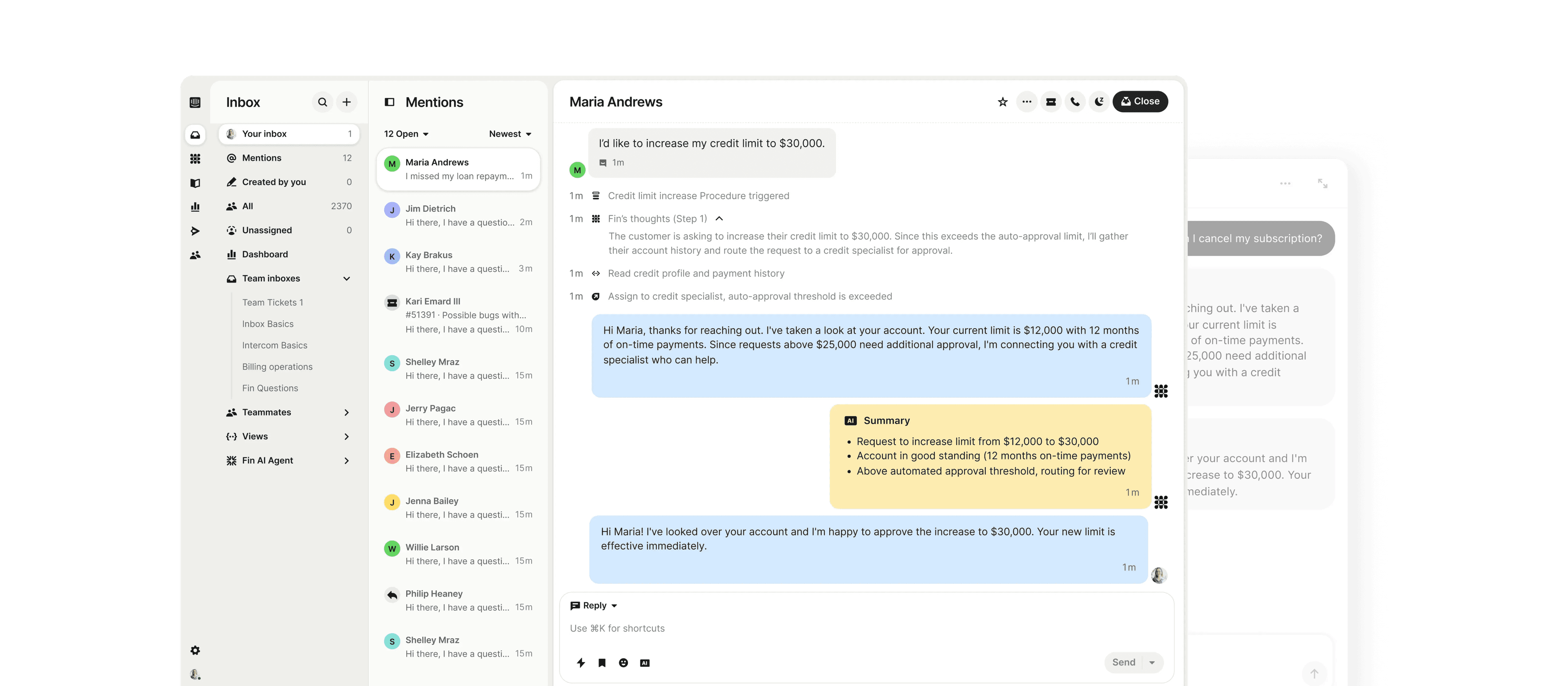 Intercom inbox showing a credit limit increase conversation with Fin's reasoning steps and an AI summary