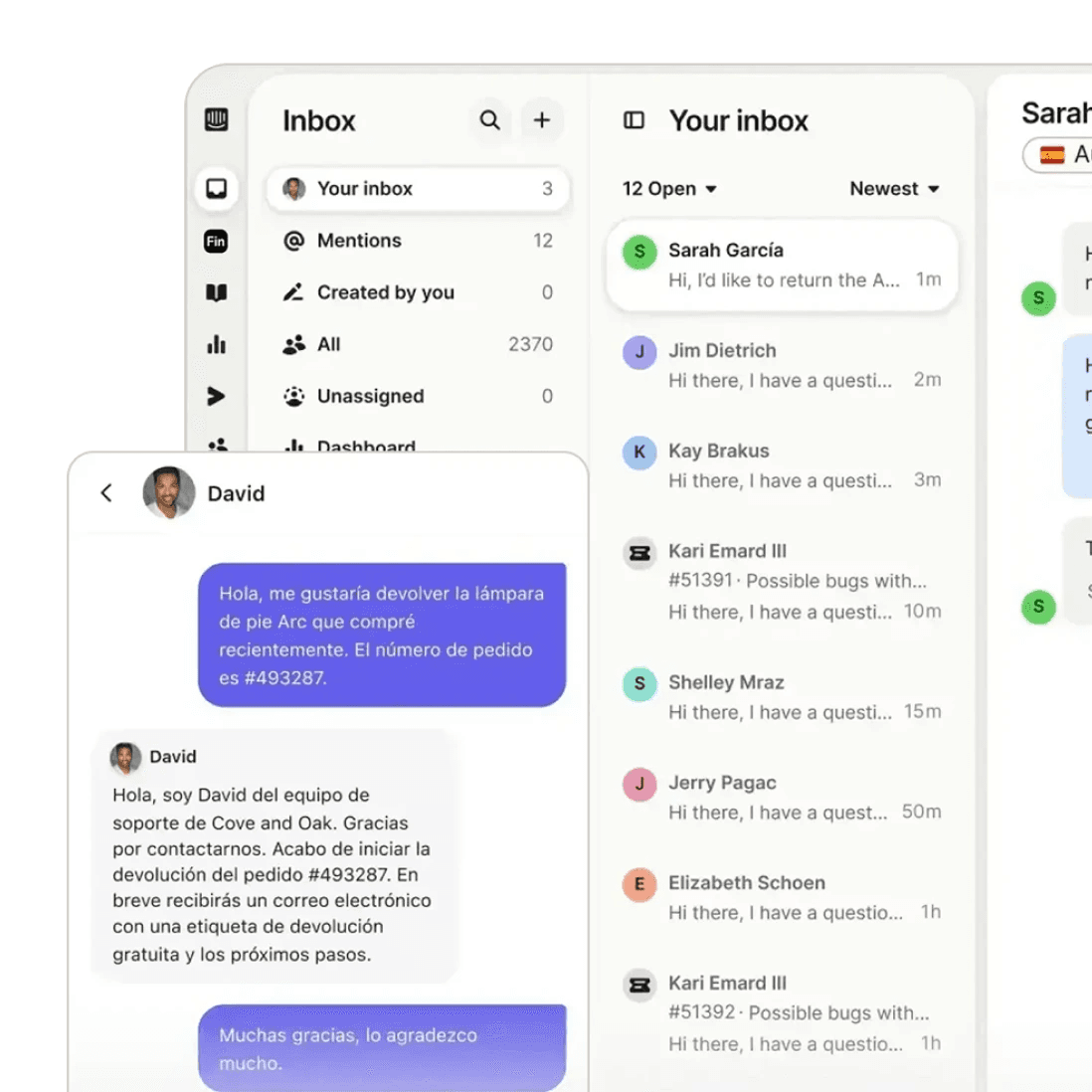 Intercom inbox auto-translating a customer conversation from Spanish