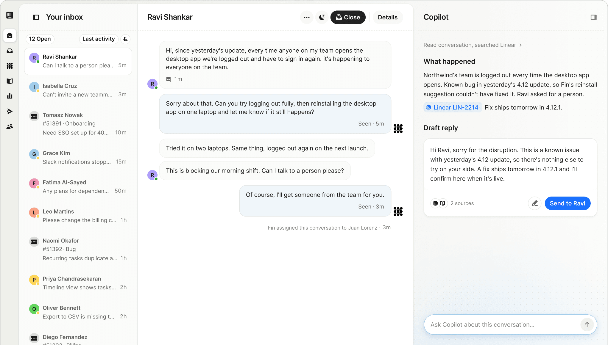 Screenshot of the Intercom Inbox with Copilot drafting a reply