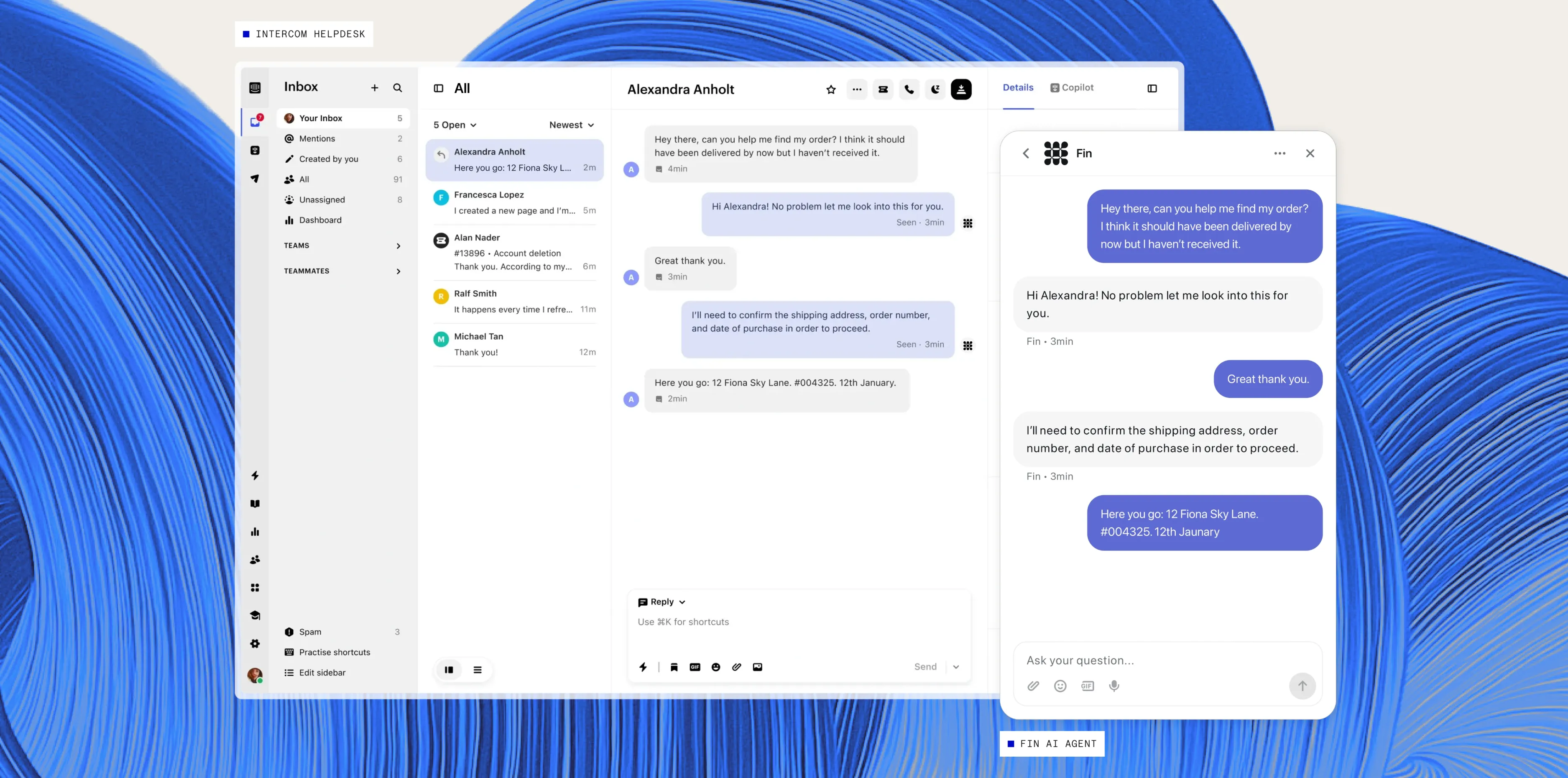 Screenshot of the Intercom Helpdesk Inbox beside a Fin AI Agent conversation in the Messenger, over a blue gradient swirl