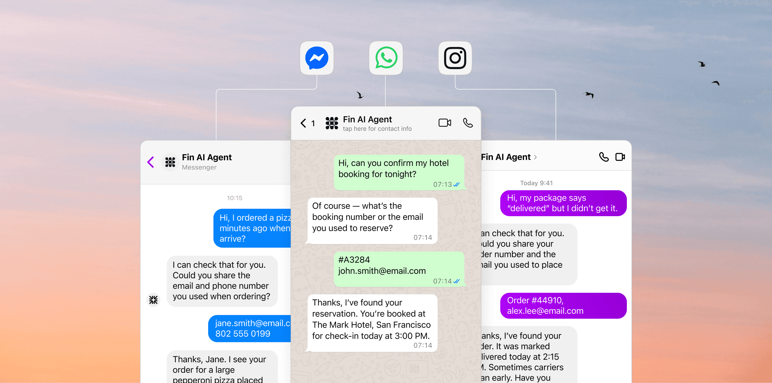 Screenshots of customer conversations in Messenger, WhatsApp and Instagram, over a pastel sunset sky