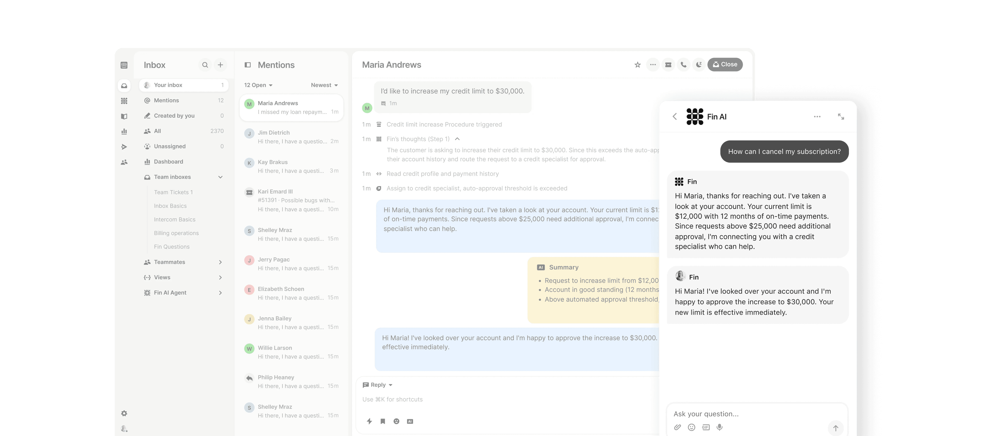 Fin answering a subscription cancellation question in the messenger, over the same Intercom inbox conversation