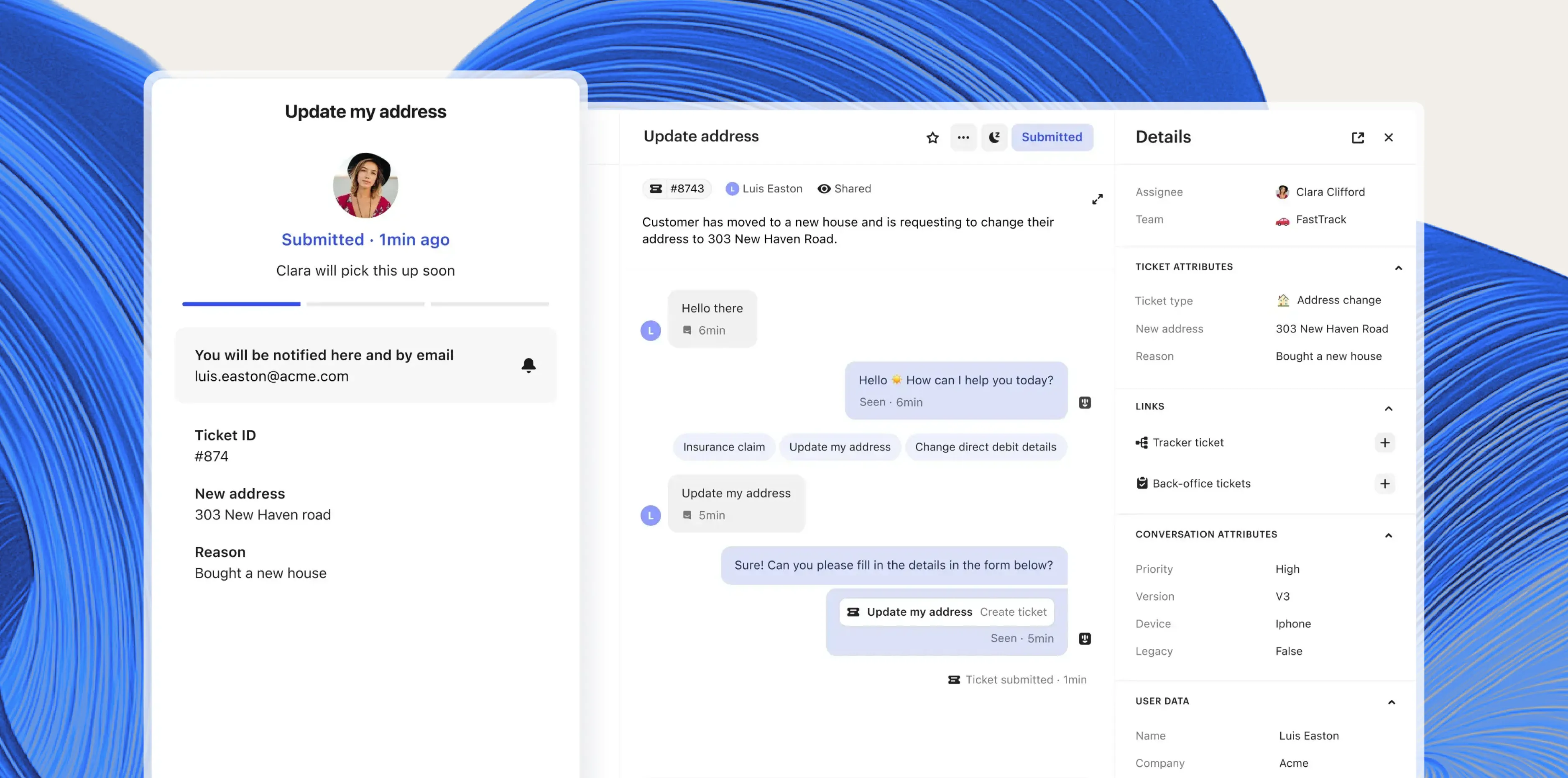 An address change ticket in Intercom, shown in the customer's Messenger and in the Inbox with ticket attributes, links and user data in the details sidebar, over a blue gradient swirl