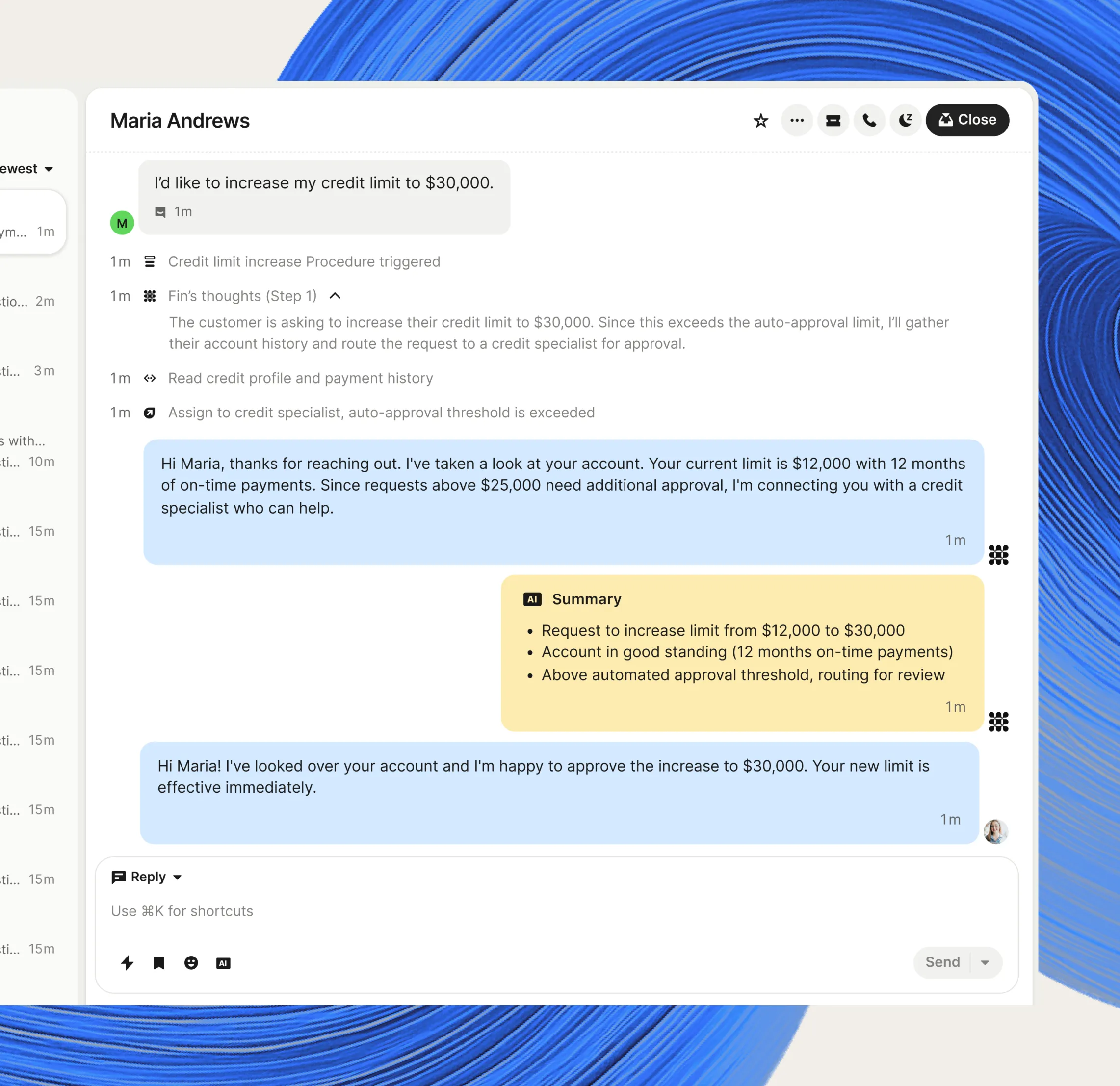 Screenshot of a credit limit conversation in the Intercom Inbox, with Fin's reasoning and a summary for the teammate who approves it, over a blue gradient swirl
