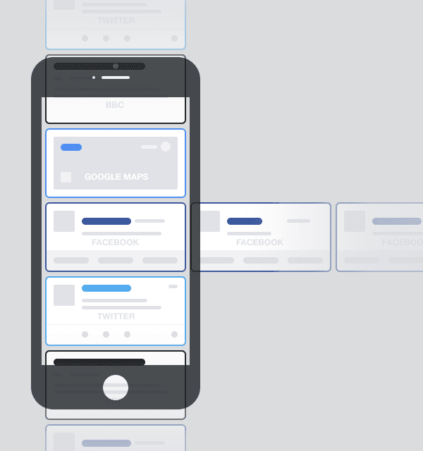 horizontal stream of cards, Facebook posts example on mobile screen