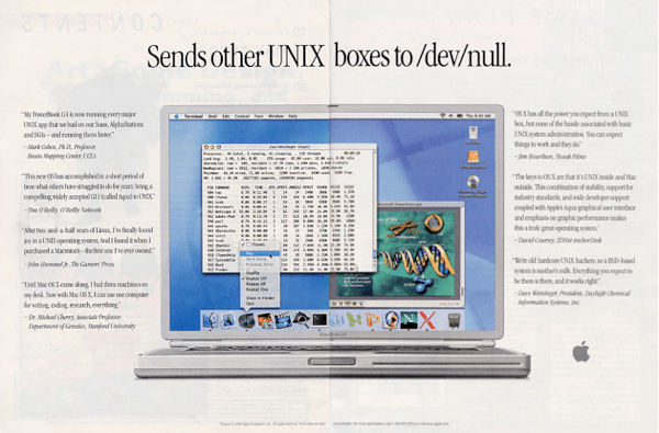 Print ad for the first Macbooks using OSX referring to their Unix roots