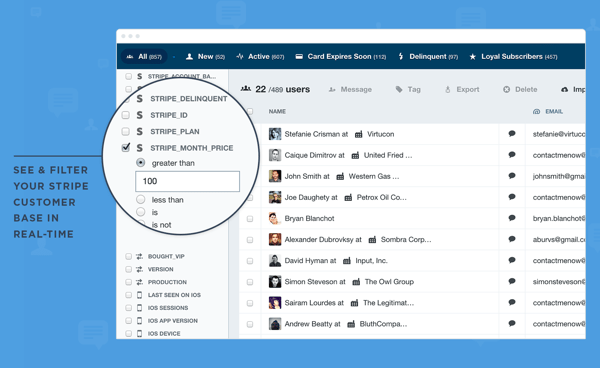 See and filter your Stripe customer base in real-time with our Stripe integration