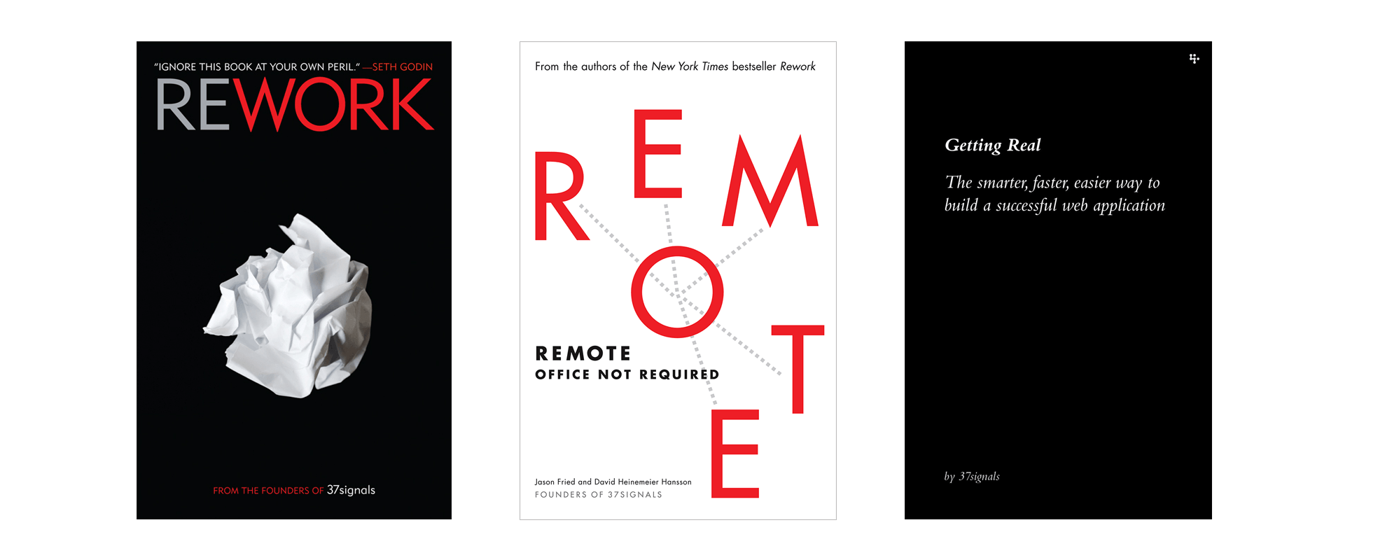 Covers of the 3 books that the Basecamp team have written – Getting Real, Rework and Remote
