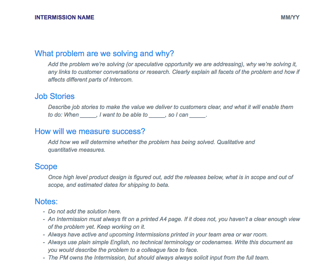 Template for writing a one page brief for a project at Intercom