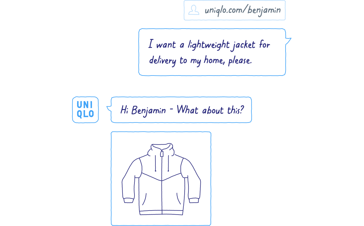 Example of how you might easily be able to buy a new jacket in a messaging interface