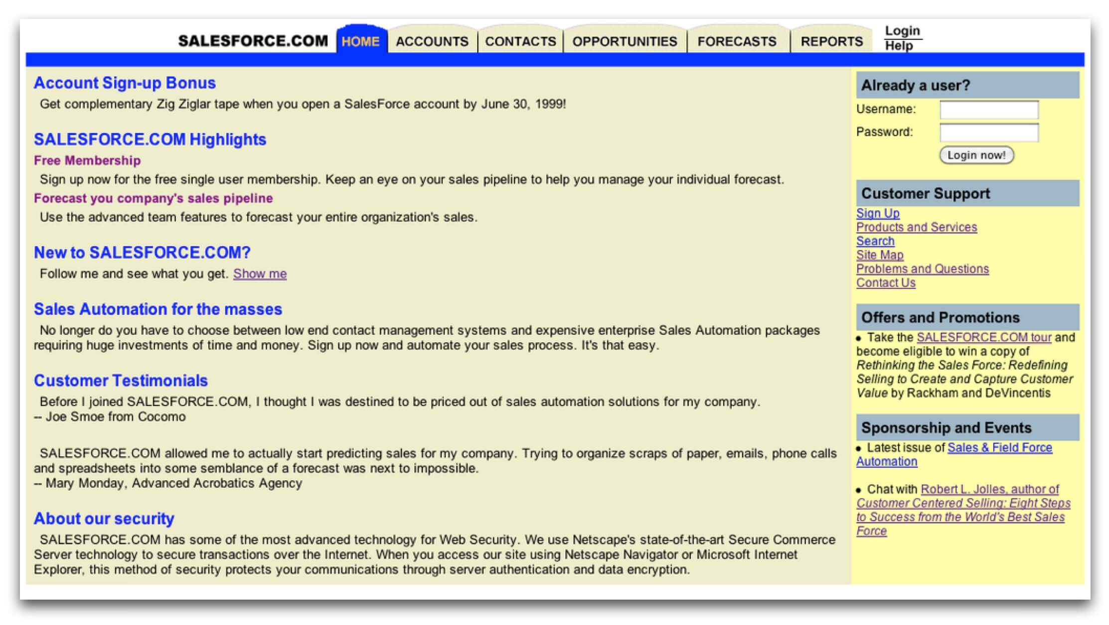 The Salesforce homepage when it launched in 1999