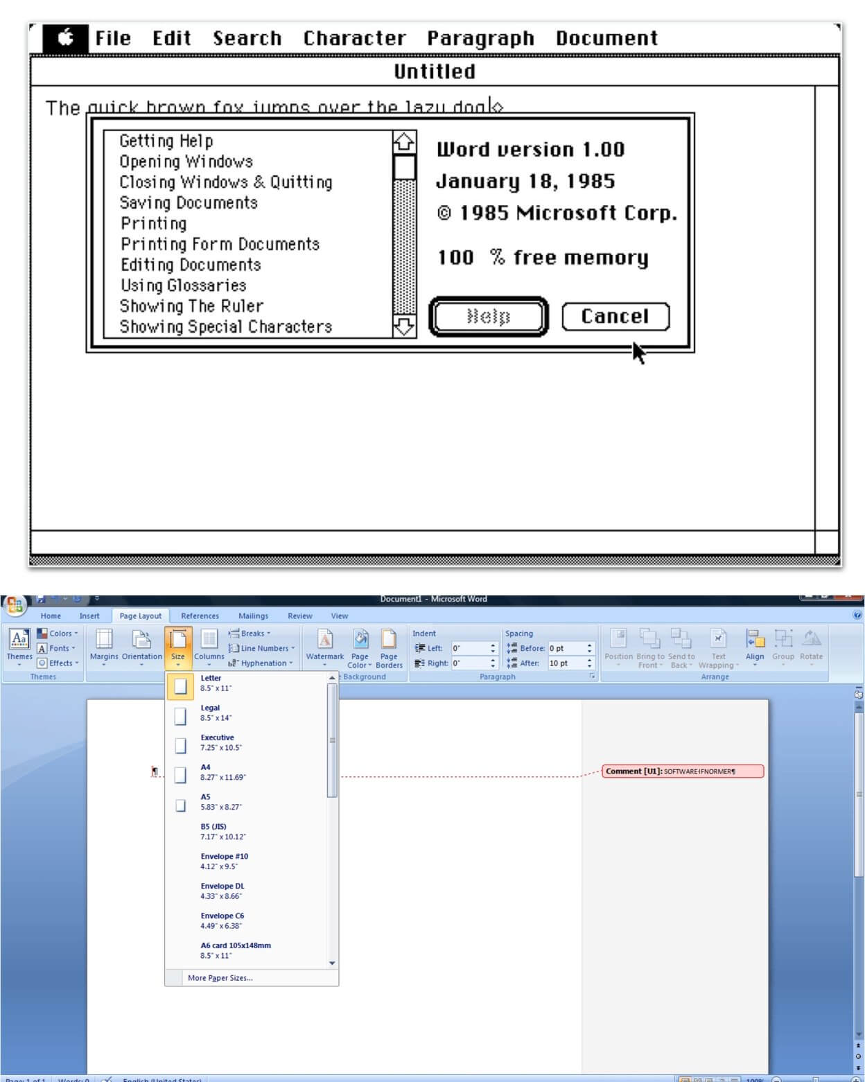 Microsoft Word's user interface when it launched and how it looks today