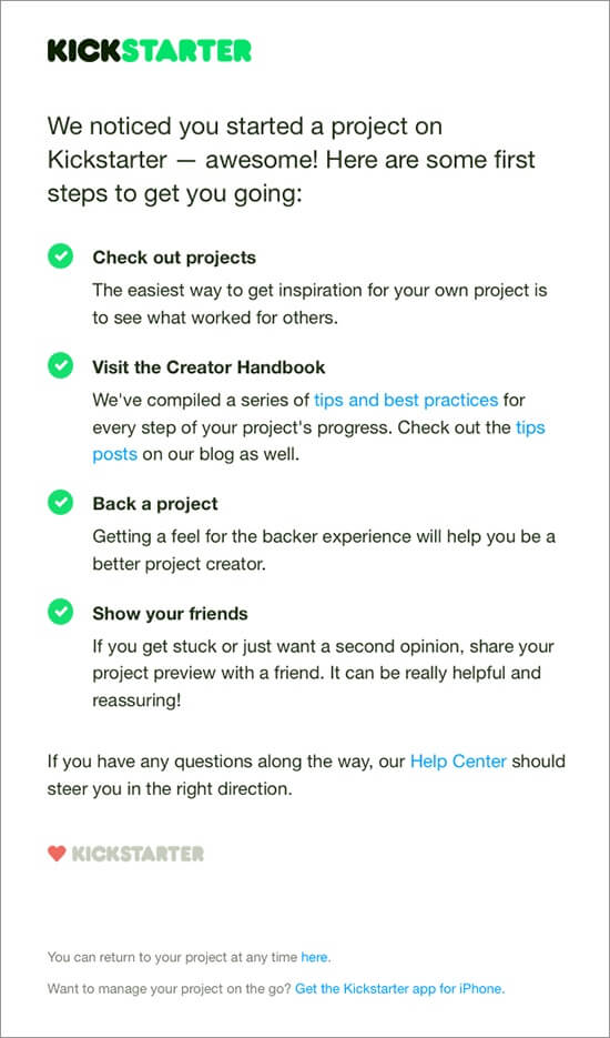 kickstarter onboarding email