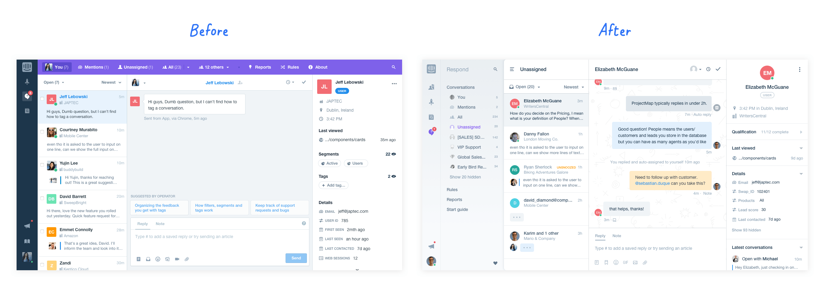 Inbox design before and after