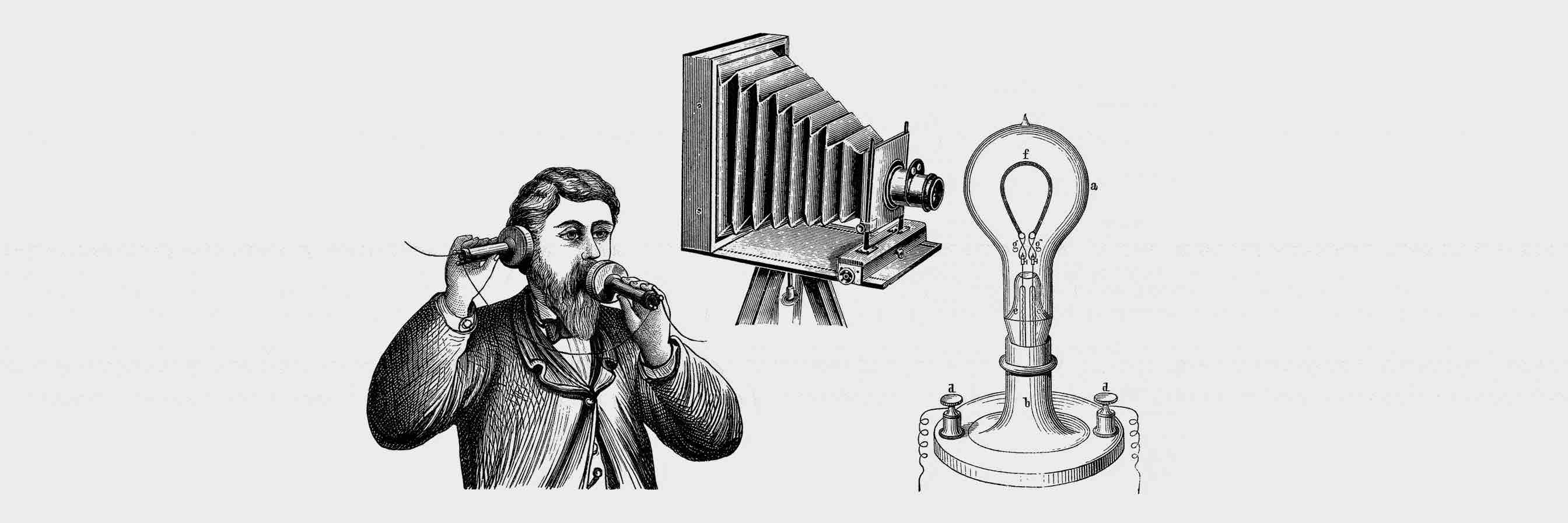The inventions of the light bulb, camera and telephone