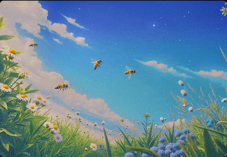 Illustration of productive bees in a grassy meadow