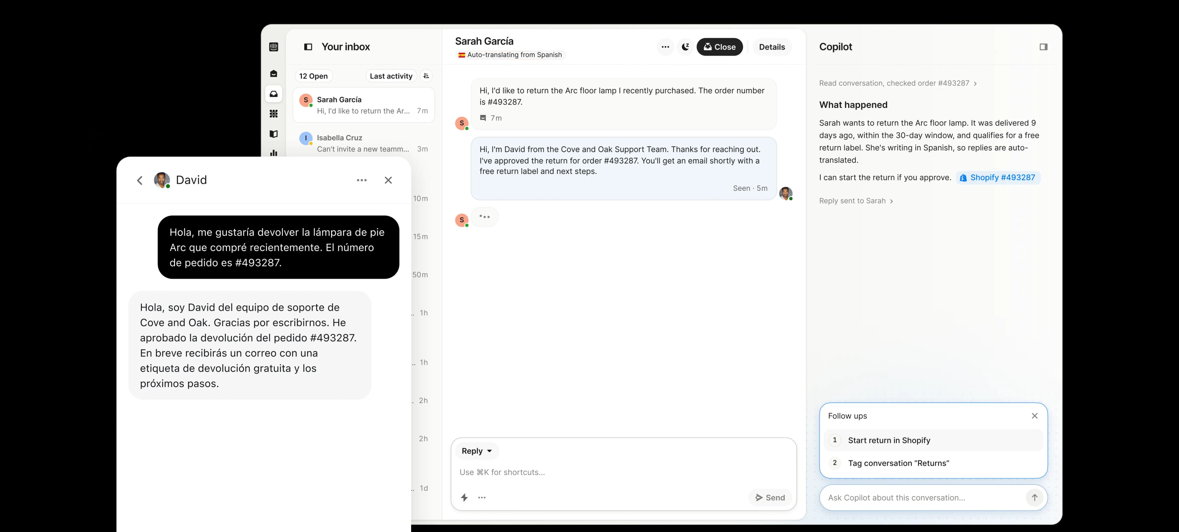 Intercom inbox auto-translating a customer conversation from Spanish, alongside the customer's messenger view and Copilot