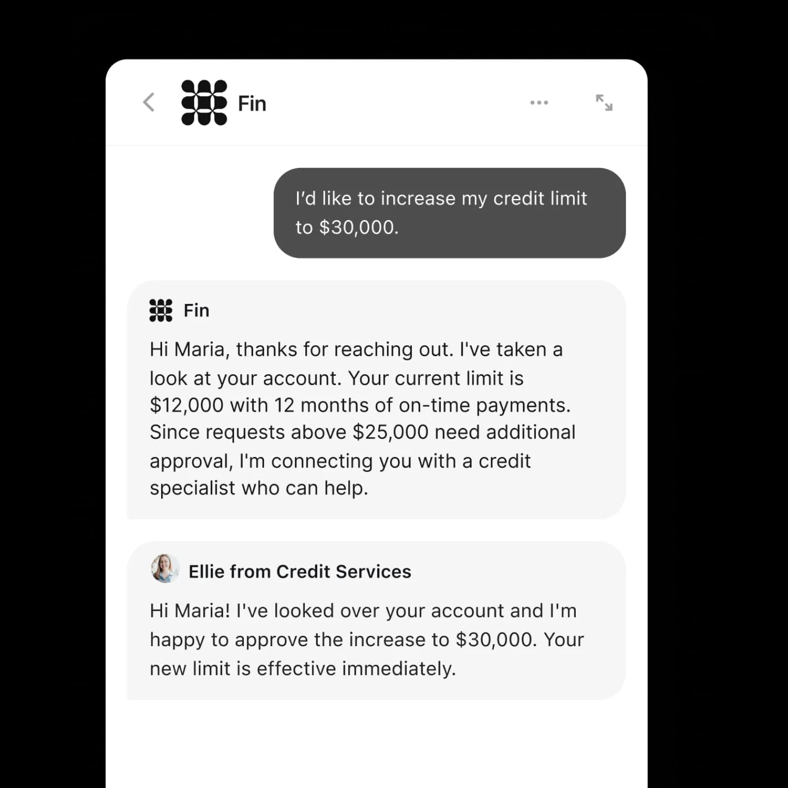 Fin answering a credit limit increase request in the messenger before handing off to a credit specialist