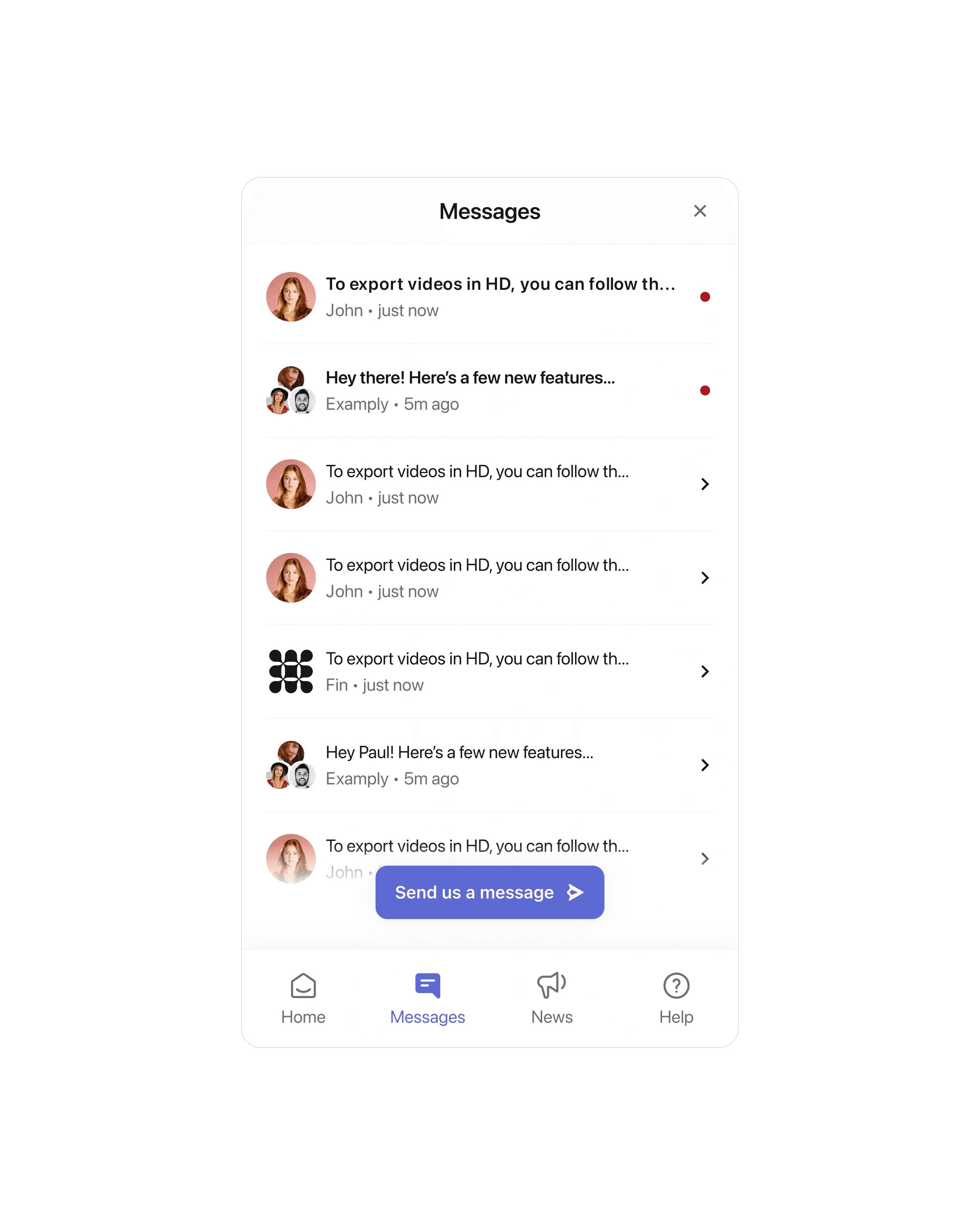 Messenger conversation list with live chat replies answered by Fin and teammates