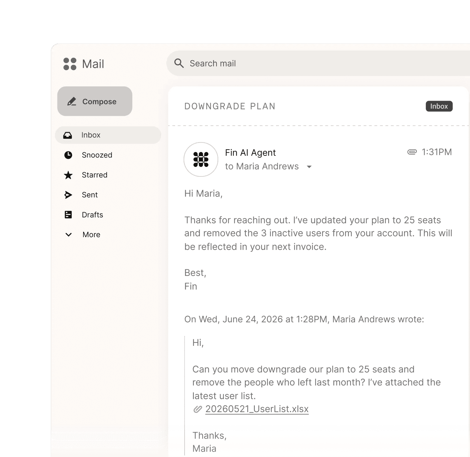 On-brand email support conversation in the Intercom inbox