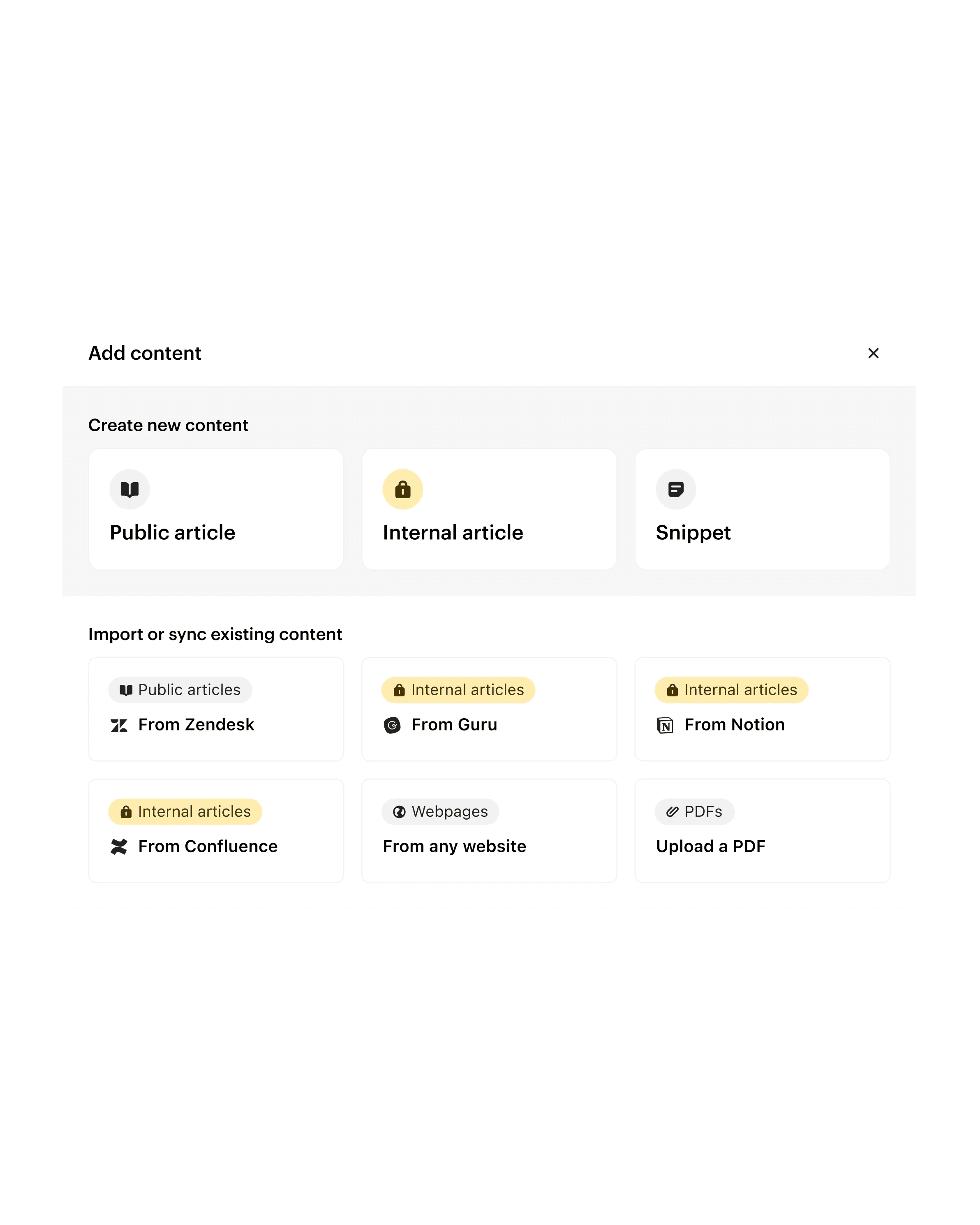 Add content modal showing import options including From Zendesk, Guru, Confluence, and any website