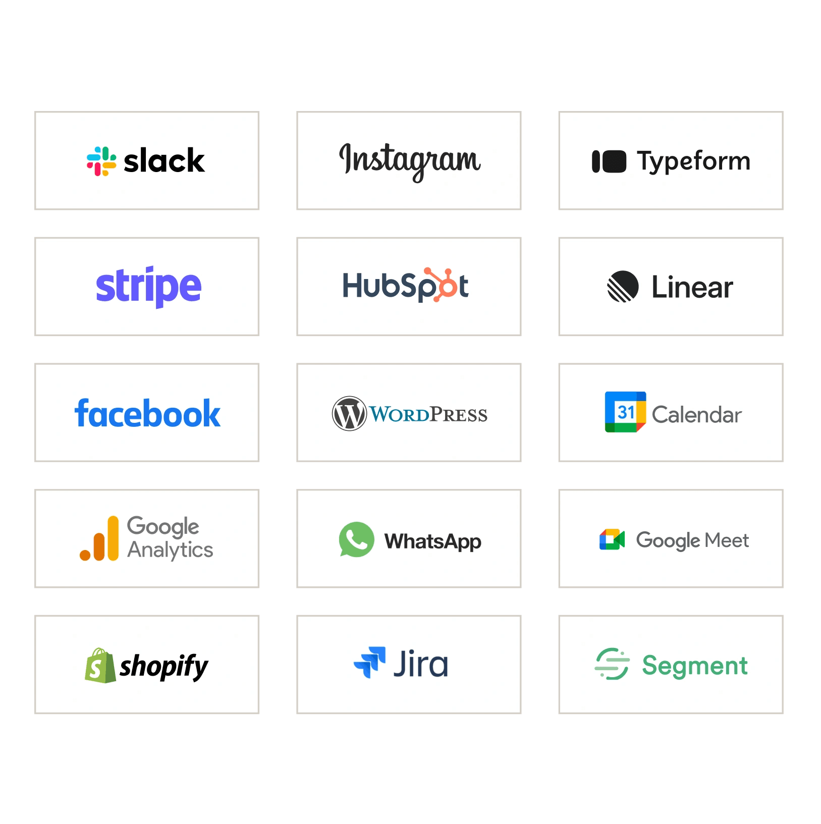 A grid of apps that connect to Intercom, including Slack, Stripe, HubSpot, Linear, Shopify, Jira, and Segment