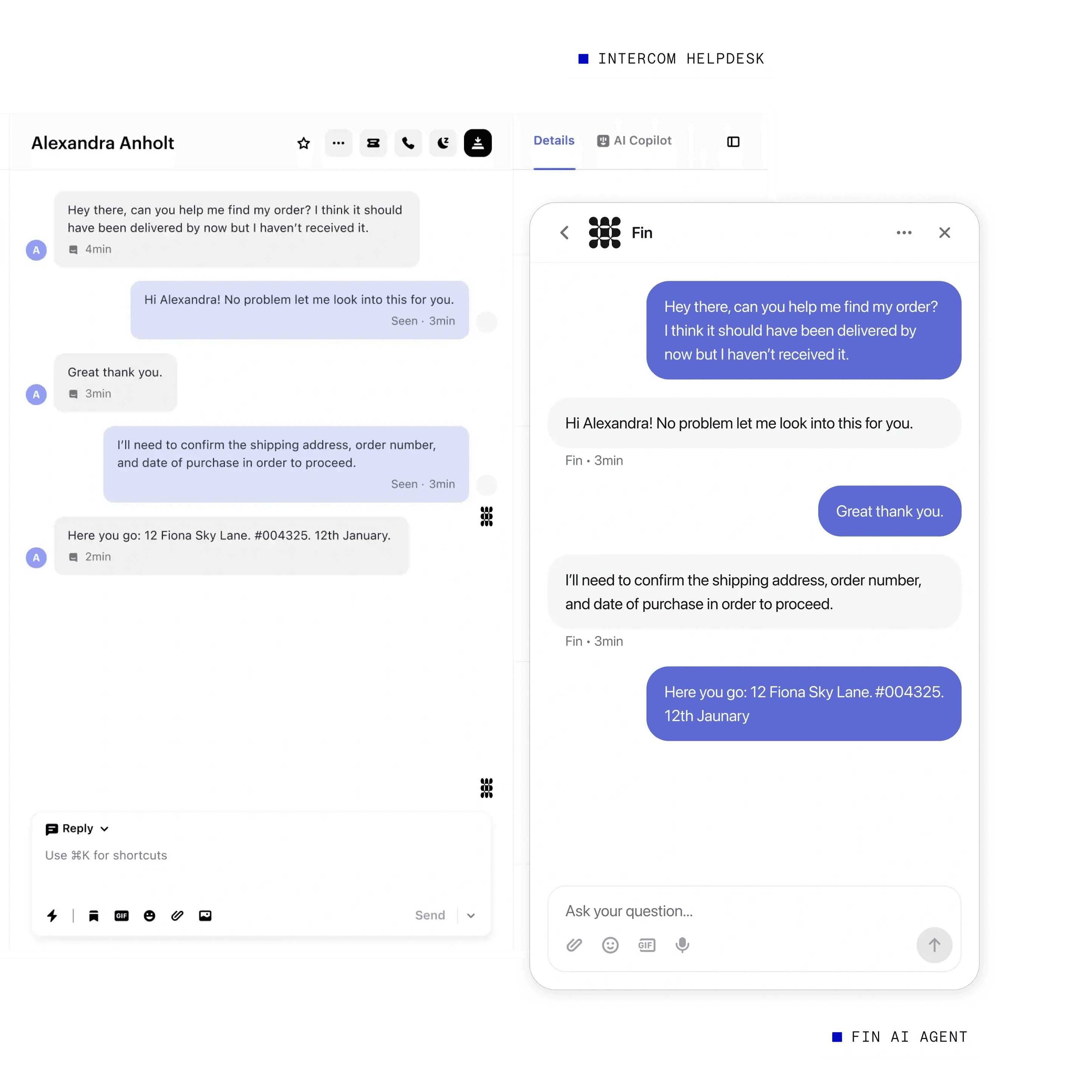 Intercom Helpdesk inbox with Fin resolving a customer's order query in a live Messenger conversation