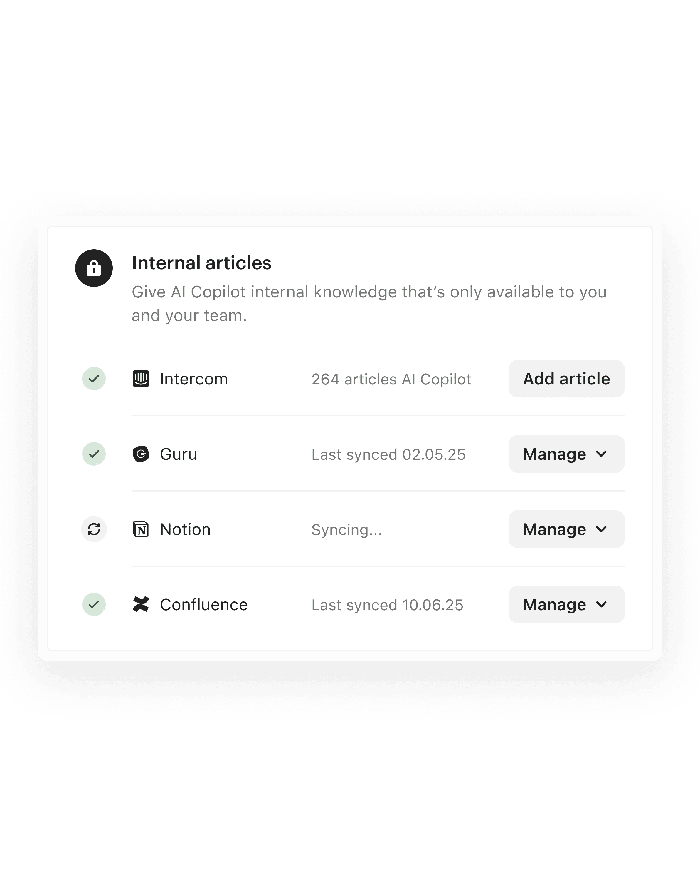 Internal articles panel showing connected sources: Intercom, Guru, Notion, and Confluence