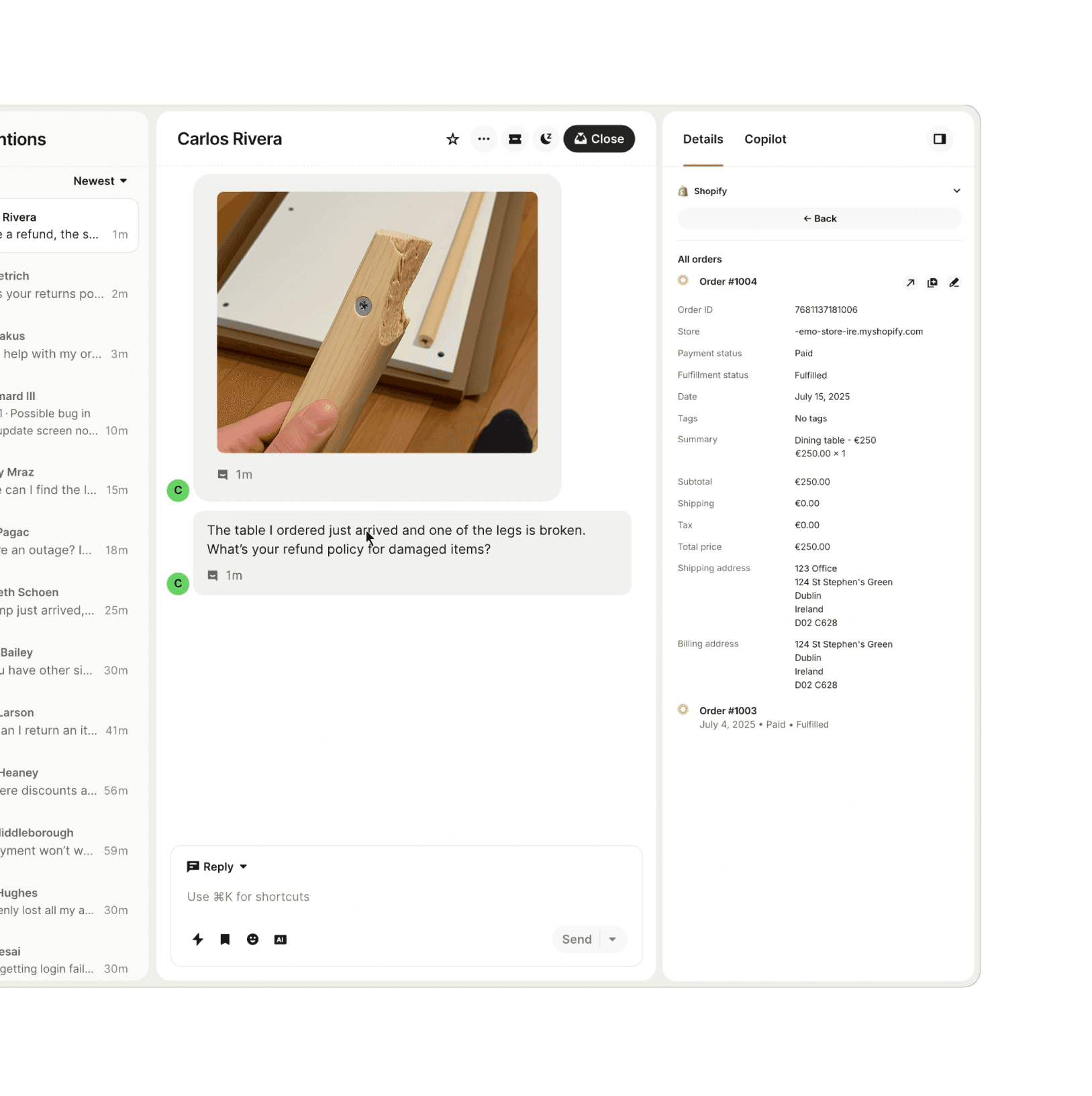 Intercom inbox showing a customer conversation with the Shopify order details panel open alongside it