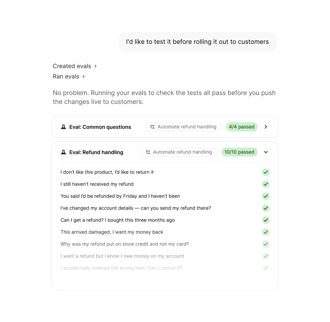 Evals checking how Fin handles refund questions before going live