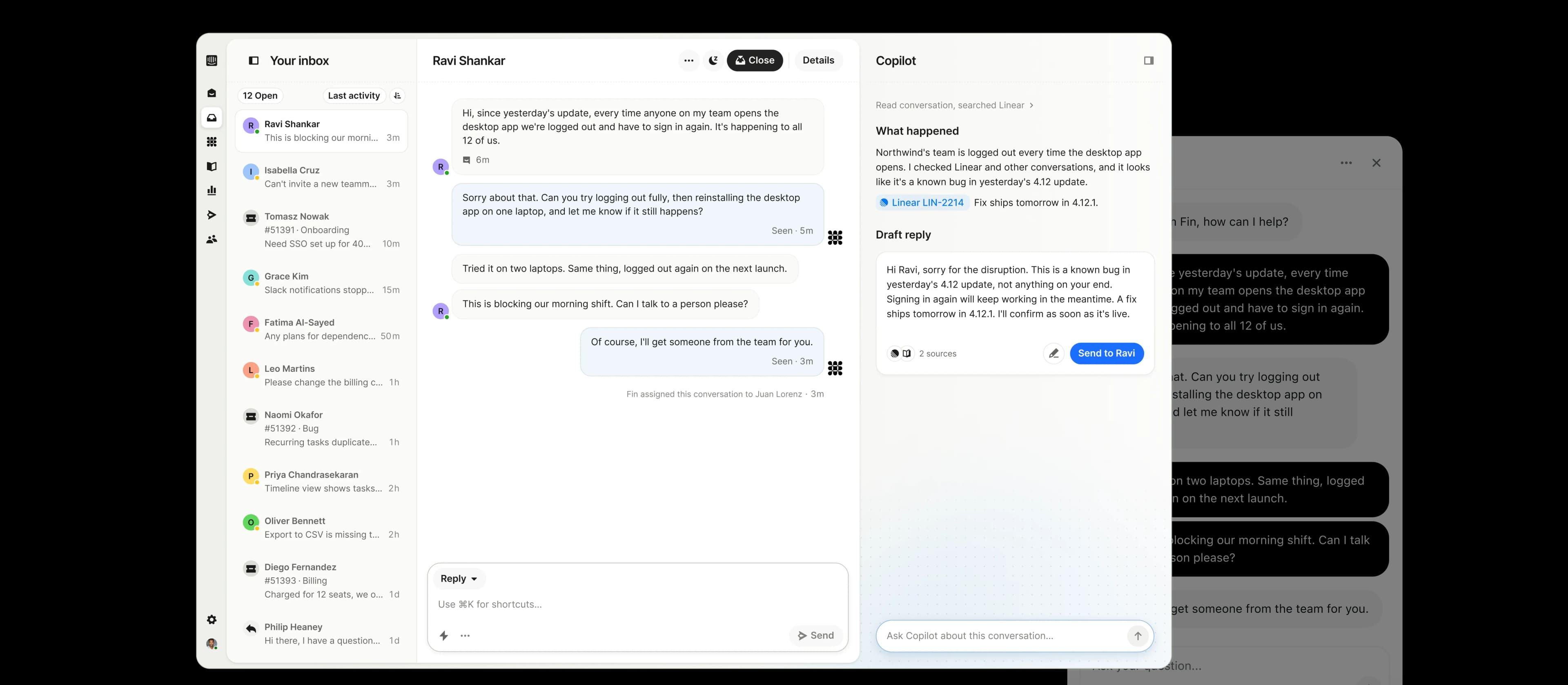 Intercom inbox showing a desktop app sign-in issue with Copilot drafting a reply, alongside the customer's messenger