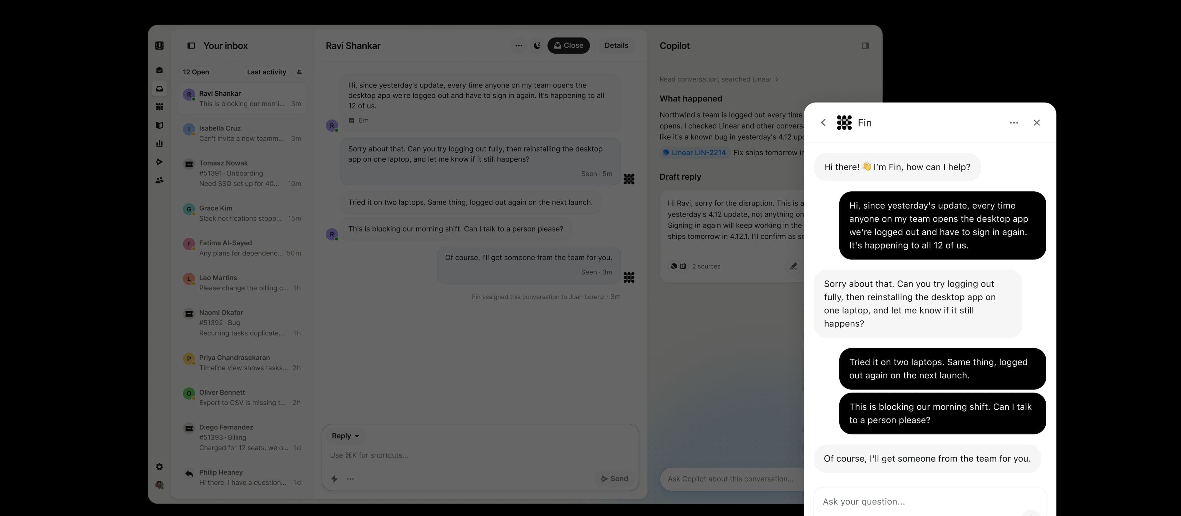 Fin troubleshooting a desktop app sign-in issue in the messenger, over the same Intercom inbox conversation