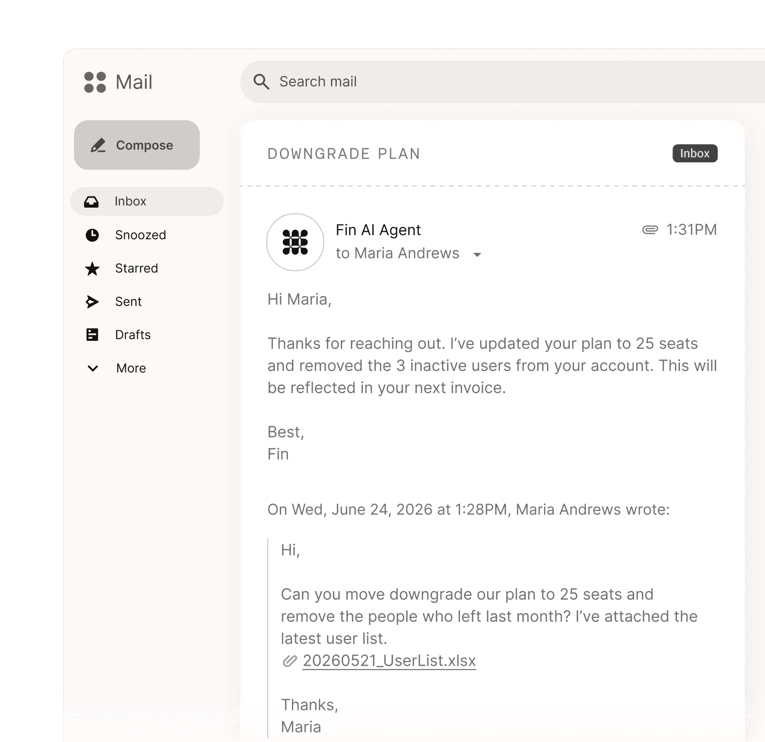 On-brand email support conversation in the Intercom inbox